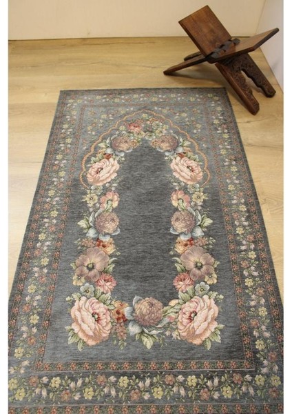 Kınay Gri Mavi Jakarlı Dokuma Goblen Dekoratif Astarsız Saçaksız Şönilli Seccade 70*115