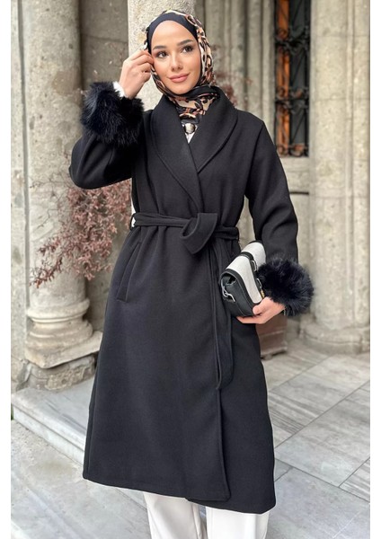 Bel Kuşaklı Kol Ucu Peluş Detaylı Tesettür Kaşe Kaban P-00019056 modelleri