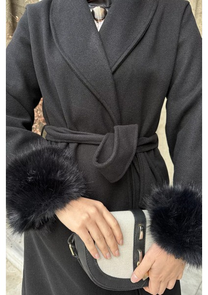 Bel Kuşaklı Kol Ucu Peluş Detaylı Tesettür Kaşe Kaban P-00019056 indirimleri