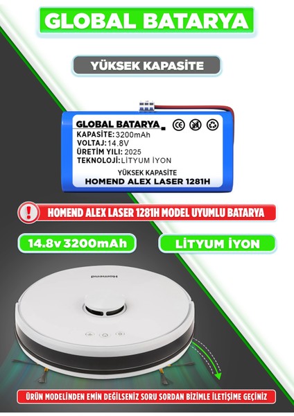 Homend Alex Laser 1281H Uyumlu Akıllı Robot Süpürge Bataryası 14.8V 3200mAh Li-Ion Pil (Yüksek Kapasite)