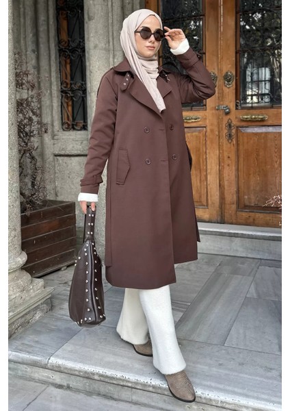 Ön Düğmeli Bel Kuşak Detaylı Tesettür Trençkot P-00019235
