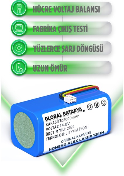 Homend Alex Laser 1281H Akıllı Robot Süpürge Bataryası 14.8V 2600mAh Li-Ion Pil (Orijinal Kapasite) modelleri
