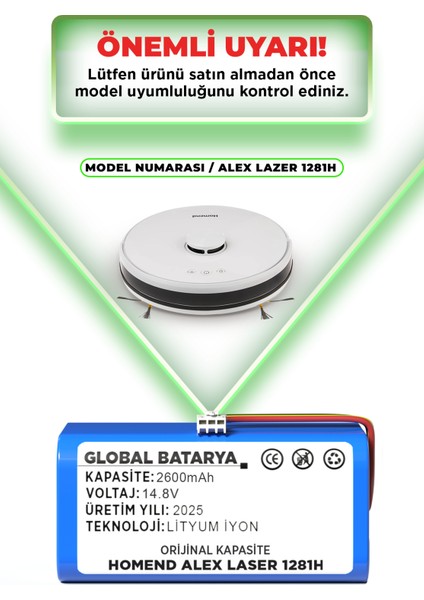 Homend Alex Laser 1281H Akıllı Robot Süpürge Bataryası 14.8V 2600mAh Li-Ion Pil (Orijinal Kapasite) indirimleri