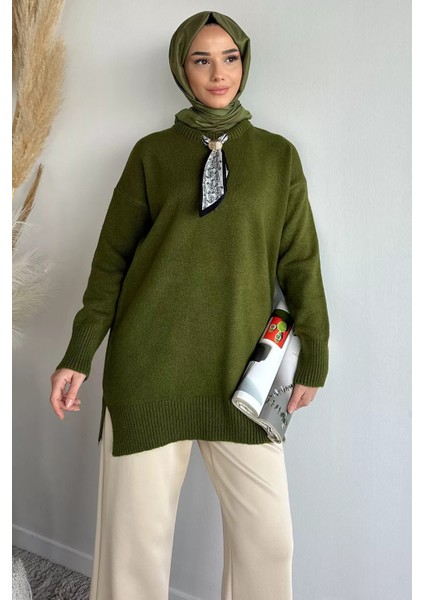 Bisiklet Yaka Fularlı Tesettür Triko Tunik P-00019203