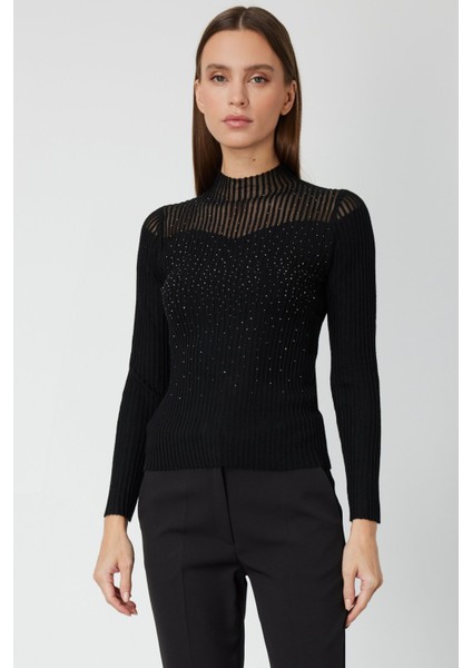 Yakası Transparan Taşlı Triko Kazak 60340-26K