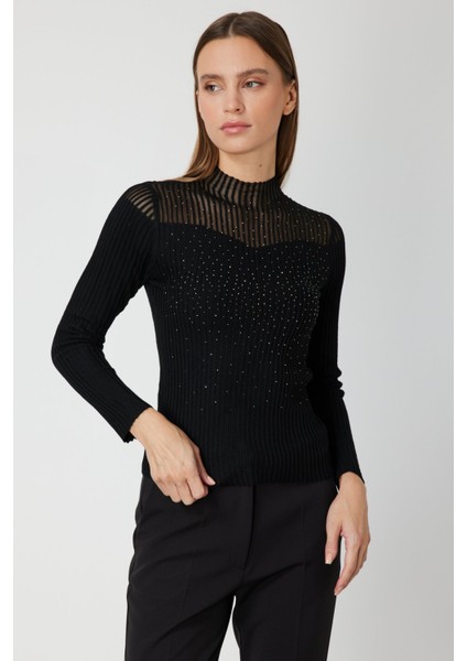 Yakası Transparan Taşlı Triko Kazak 60340-26K fiyatları