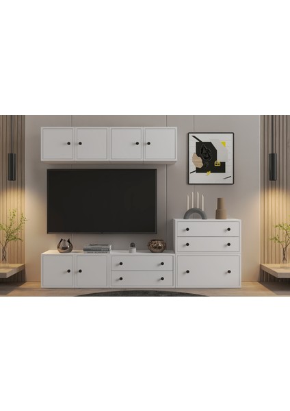 Modüler Tv Ünitesi – 4 Kapaklı Üst Blok + Alçak Dolap & Çekmeceler (Tv Ünitesi, BEYAZ)-NRG-TVT-1014
