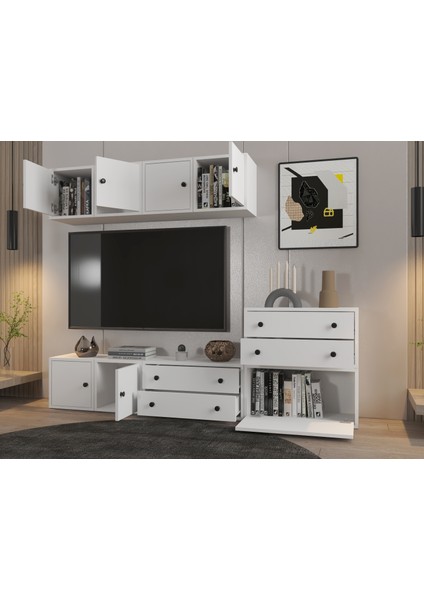 Modüler Tv Ünitesi – 4 Kapaklı Üst Blok + Alçak Dolap & Çekmeceler (Tv Ünitesi, BEYAZ)-NRG-TVT-1014 modelleri