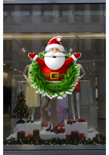 Ellerini Yeni Yıla Açmış Noel Baba Yılbaşı Süslemesi Cam Duvar Vitrin Stickerı Yılbaşı Süsü 43X50CM