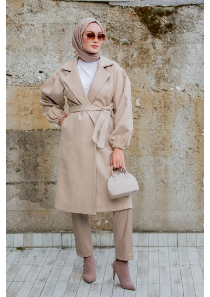 Balon Kol Astarsız Yün Kaşe Kaban-Bej