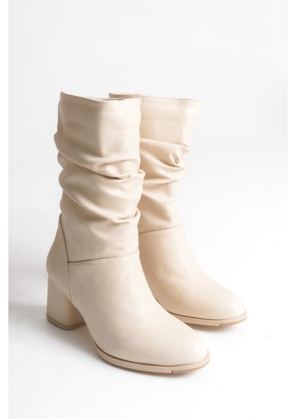 Bej Deri Topuklu Kadın Bot Kaymaz Taban Kalın Topuk Laura fiyatları