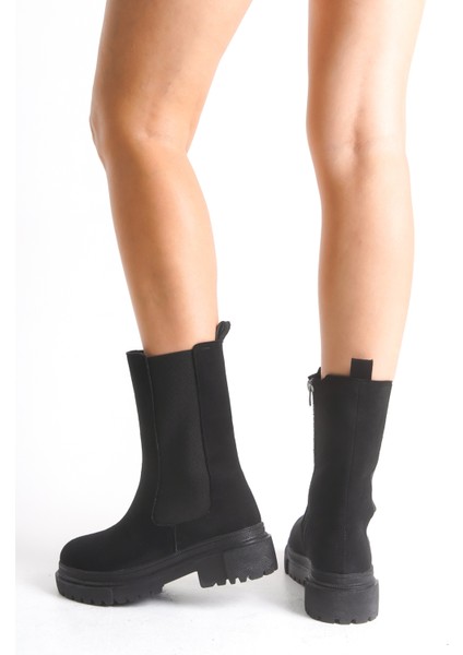 Siyah Süet Kısa Kadın Postal Bot Lastikli Kalın Tabanlı Su Geçirmez Harper