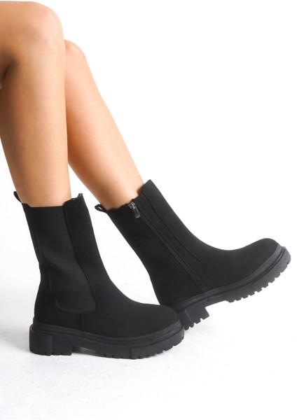 Siyah Süet Kısa Kadın Postal Bot Lastikli Kalın Tabanlı Su Geçirmez Harper modelleri