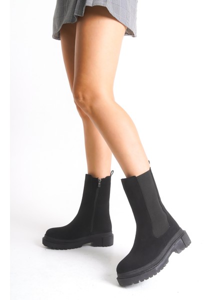 Siyah Süet Kısa Kadın Postal Bot Lastikli Kalın Tabanlı Su Geçirmez Harper