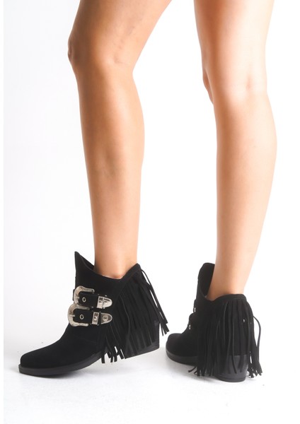 Kadın Bot Western Kovboy Siyah Süet Püsküllü Metal Tokalı Metal Zımba Detaylı Berry fırsatları