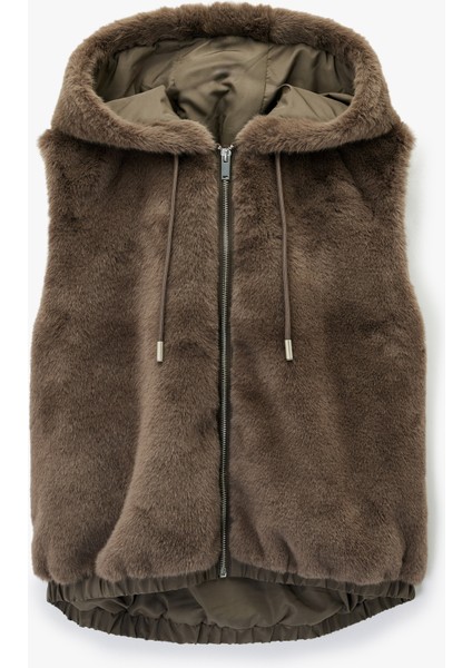 Kolsuz Kapüşonlu Fermuarlı Peluş Yelek