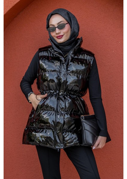 Rugan Bel Büzgülü Şişme Yelek-Siyah