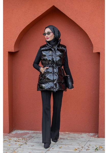 Rugan Bel Büzgülü Şişme Yelek-Siyah