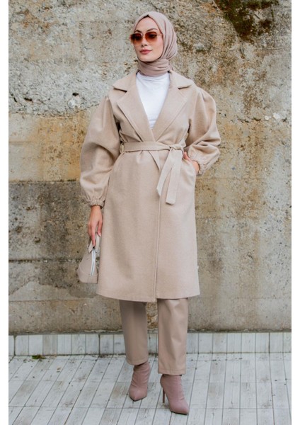 Balon Kol Astarsız Yün Kaşe Kaban-Bej indirimleri