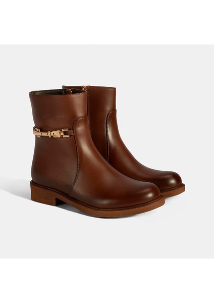 Kadın Taba Metal Aksesuarlı Deri Bot