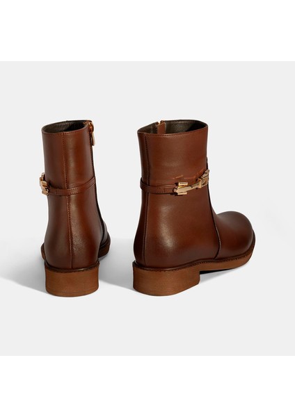 Kadın Taba Metal Aksesuarlı Deri Bot