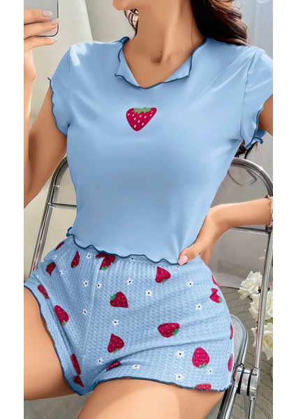 Mavi Belden Lastikli Çilek Desenli Kadın Pijama Şort Takımı fiyatları