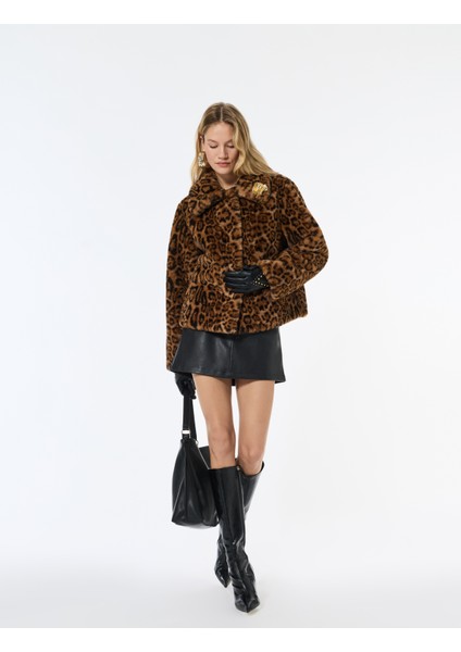 Uzun Kollu Düğmeli Leopar Desenli Suni Kürk Mont fiyatları
