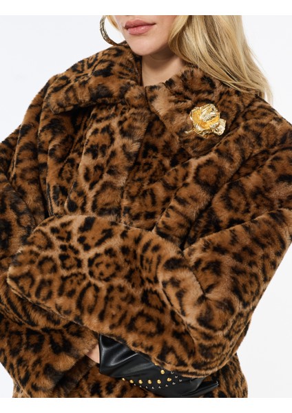 Uzun Kollu Düğmeli Leopar Desenli Suni Kürk Mont indirimleri