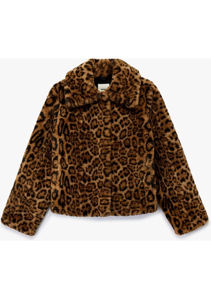 Uzun Kollu Düğmeli Leopar Desenli Suni Kürk Mont