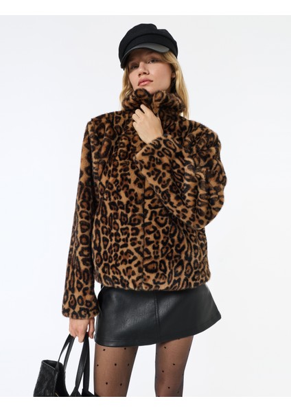 Suni Kürk Mont Leopar Desenli Crop Cepli Fermuarlı
