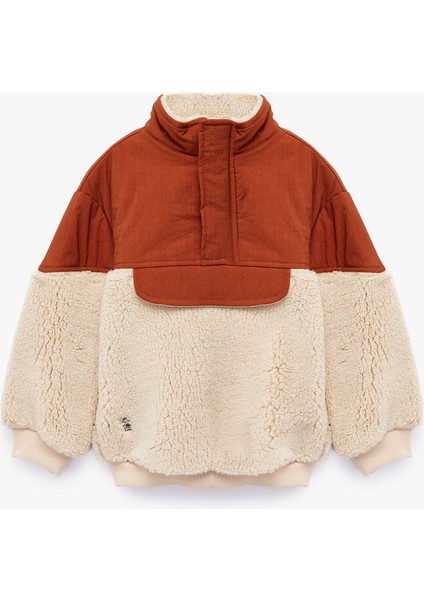 Dik Yaka Kumaş Detaylı Uzun Kollu Kanguru Peluş Mont