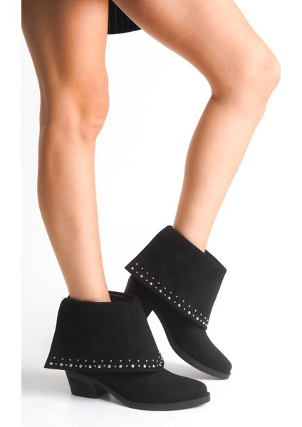 Siyah Süet Kadın Bot Çizme Metal Aksesuarlı Western Kovboy Mira