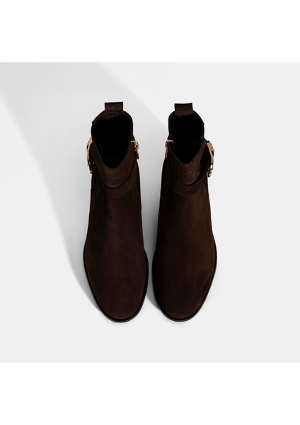 Kadın Kahve Ayarlanabilir Tokalı Süet Bot