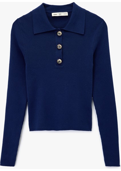 x Melis Ağazat - Uzun Kollu Yarım Düğme Detaylı Polo Yaka Triko Kazak