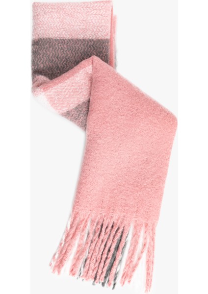 Yumuşak Dokulu Püsküllü Renk Bloklu Uzun Atkı