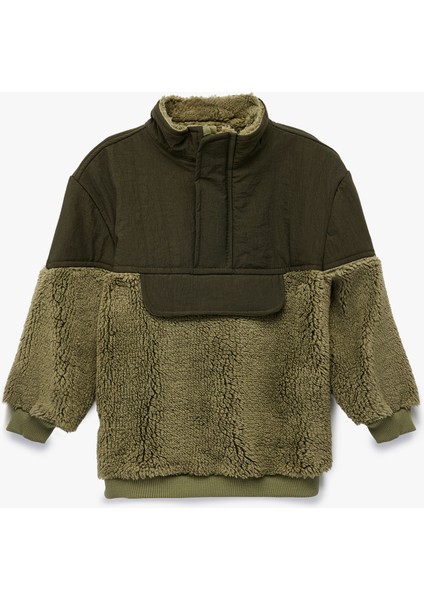 Dik Yaka Kumaş Detaylı Uzun Kollu Kanguru Peluş Mont