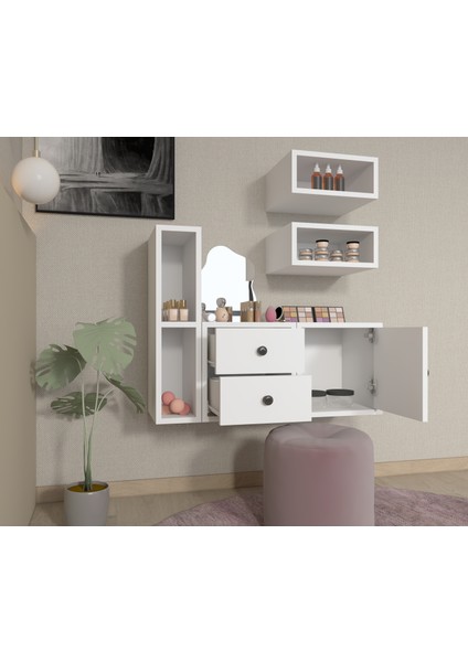 Modüler Duvar Tipi Makyaj Masası Seti Çekmeceli Kapaklı Raflı Kompakt Düzenleme BEYAZ-NRG-MKJ-1005 fiyatları
