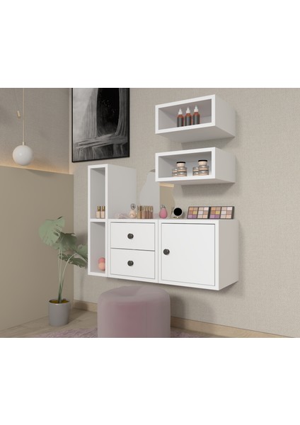 Modüler Duvar Tipi Makyaj Masası Seti Çekmeceli Kapaklı Raflı Kompakt Düzenleme BEYAZ-NRG-MKJ-1005 modelleri