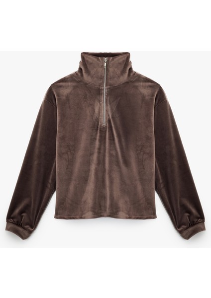 Yarım Fermuarlı Uzun Kollu Rahat Kalıp Dik Yaka Kadife Pijama Üstü