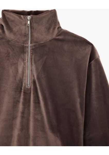 Yarım Fermuarlı Uzun Kollu Rahat Kalıp Dik Yaka Kadife Pijama Üstü modelleri