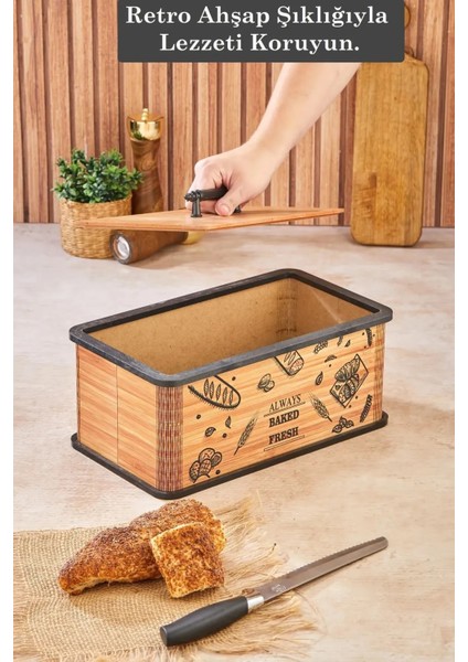 Kapaklı Ahşap Ekmeklik - Dekoratif Desenli Ekmek Saklama Kutusu - Lüx Büyük Ekmek Dolabı