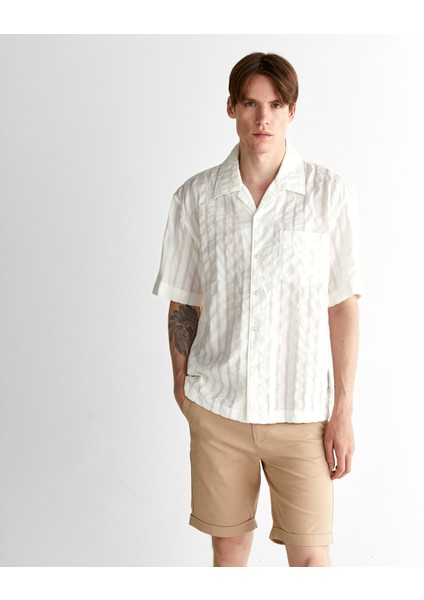 Erkek Krem Relaxed Fit Klasik Yaka Çizgili Gömlek