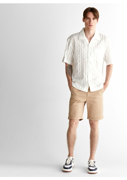 Erkek Krem Relaxed Fit Klasik Yaka Çizgili Gömlek modelleri