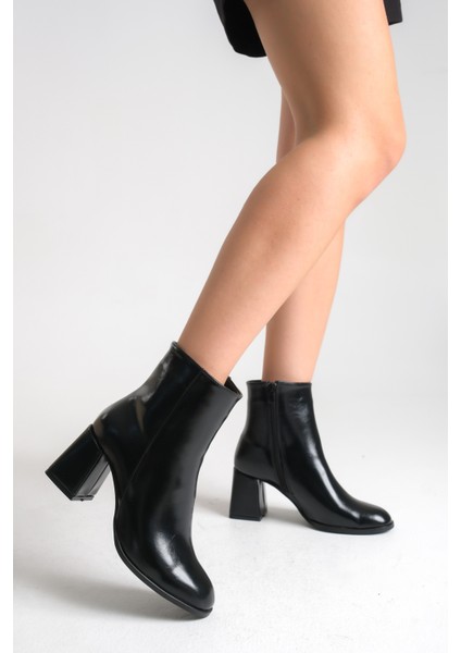 Siyah Deri Kadın Bot Kaymaz Taban Fermuarlı Kalın Topuk Diana modelleri