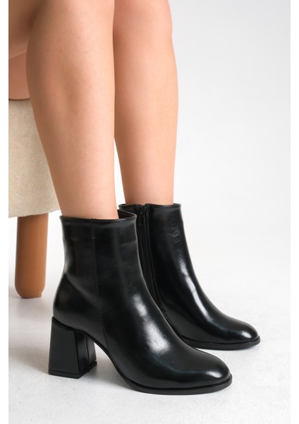 Siyah Deri Kadın Bot Kaymaz Taban Fermuarlı Kalın Topuk Diana
