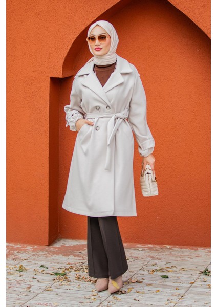 Celn Astarlı Apoletli Kaşe Kaban-Ekru