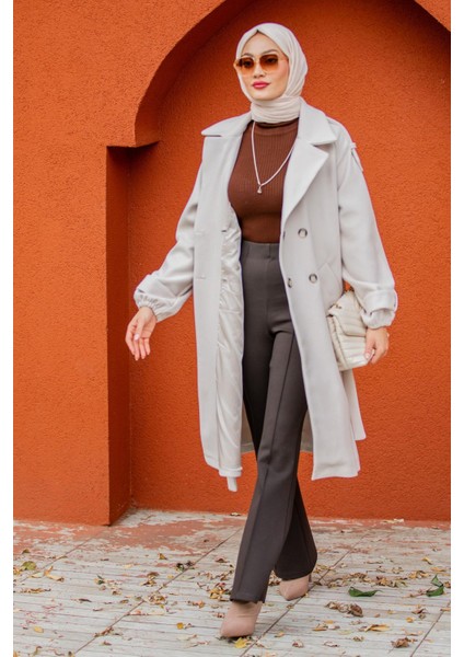 Celn Astarlı Apoletli Kaşe Kaban-Ekru modelleri