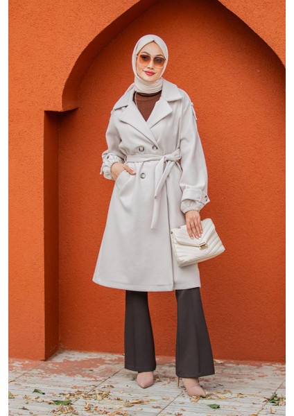 Celn Astarlı Apoletli Kaşe Kaban-Ekru indirimleri