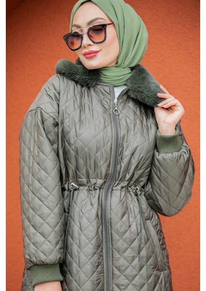 Kürk Yakalı Kapitone Kaban-Haki fiyatları