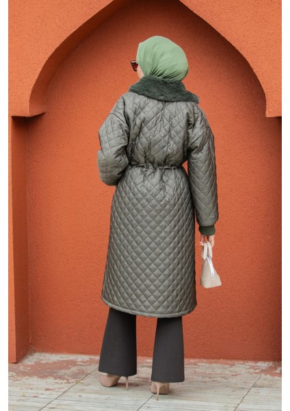 Kürk Yakalı Kapitone Kaban-Haki indirimleri